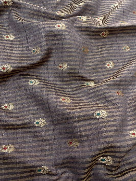 Pure Raw Silk Tissue Stripe With Meena Zari Butti