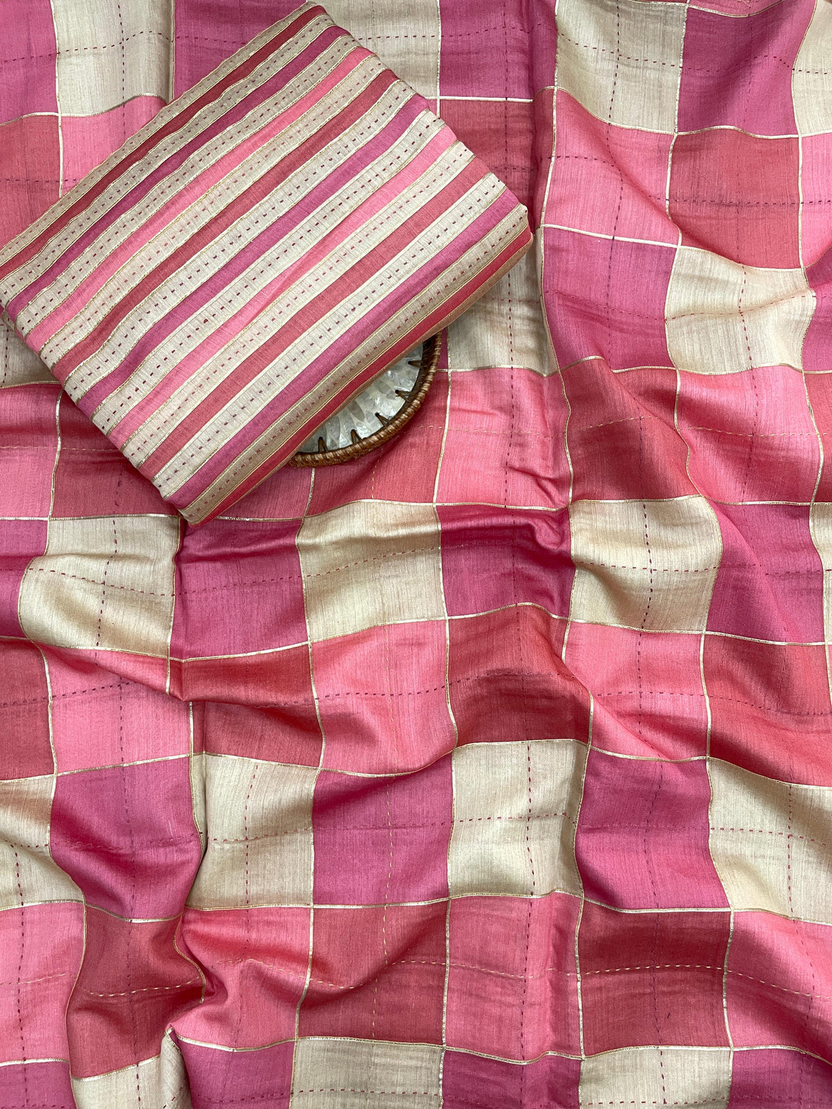 Banarasi Pure Munga Print With Hand Katha Embroidery Fabric Set