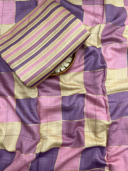 Banarasi Pure Munga Print With Hand Katha Embroidery Fabric Set