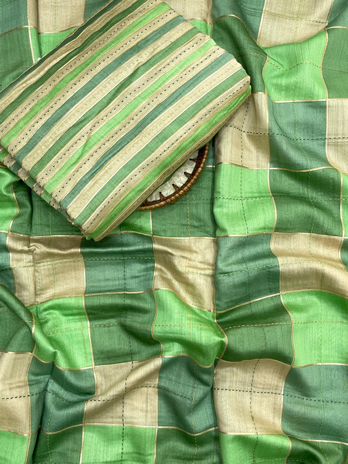 Banarasi Pure Munga Print With Hand Katha Embroidery Fabric Set