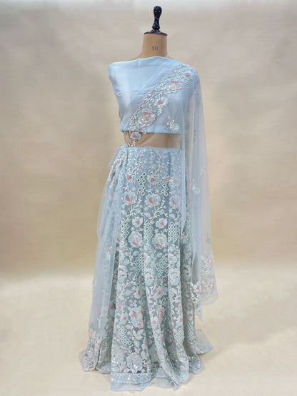 Luxurious Attractive All Over Sequence With Thread And Cut Dana Embroidery On Net Fabric