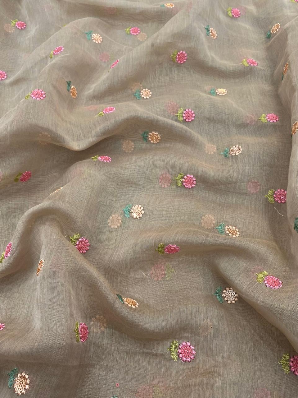 Chanderi Multithread Butti Embroidery Fabric (Colors available)