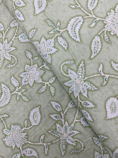 Appealing Floral Pattern Print With Shaded Thread Work And Sequin Embroidery On Cotton Fabric