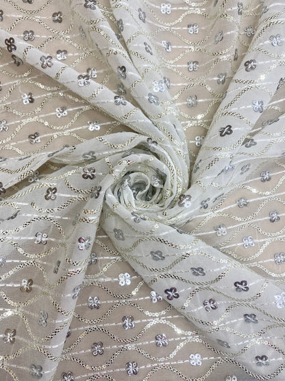 Beautiful Wavy Golden Sequin Embroidery With Resham Thread Work On White Dyeable Viscose Georgette Fabric