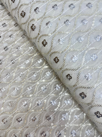 Beautiful Wavy Golden Sequin Embroidery With Resham Thread Work On White Dyeable Viscose Georgette Fabric