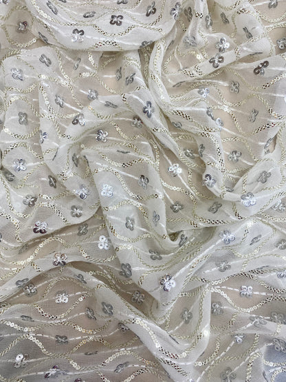 Beautiful Wavy Golden Sequin Embroidery With Resham Thread Work On White Dyeable Viscose Georgette Fabric