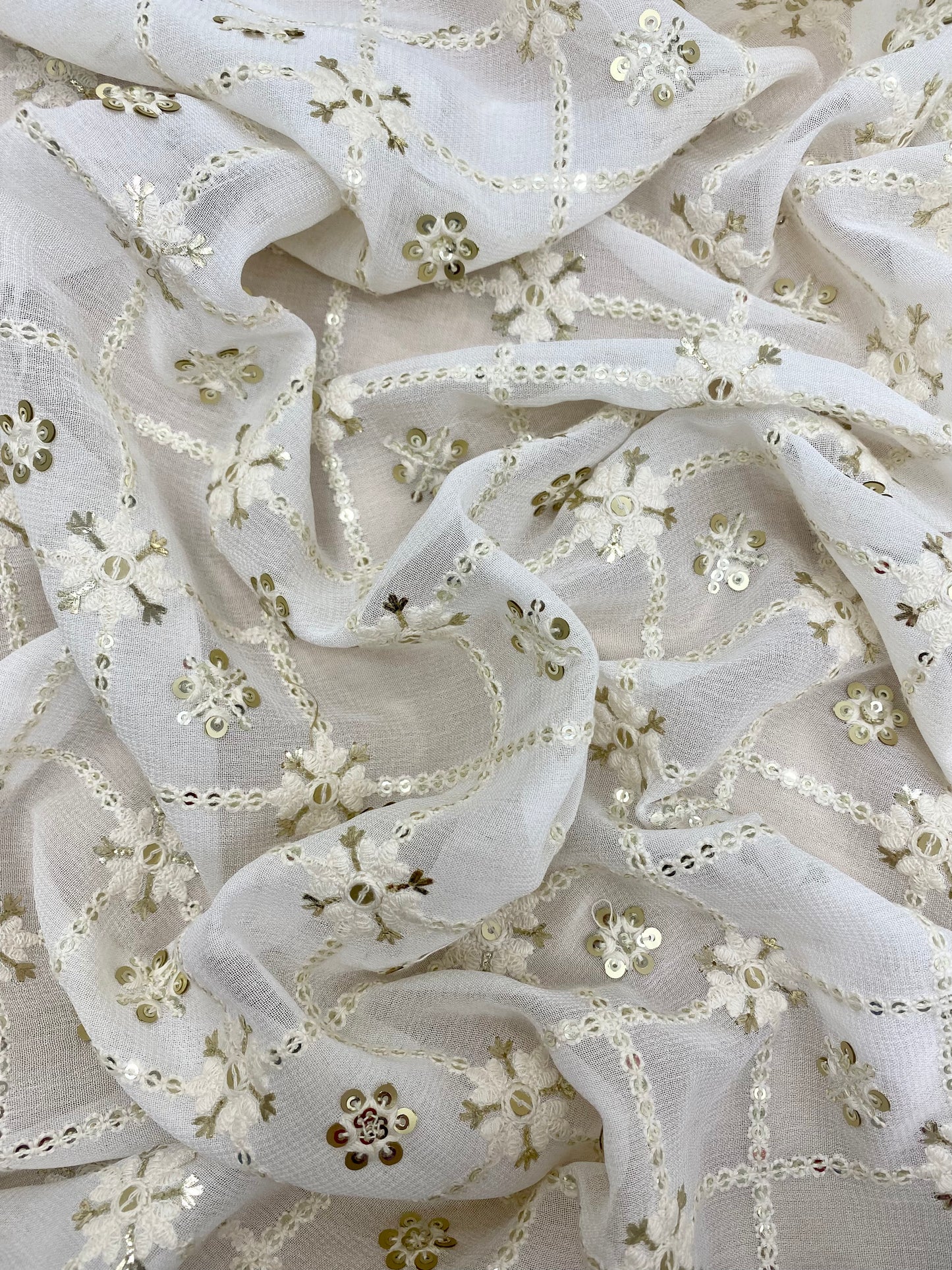 Beautiful Geometric Thread Embroidery With Foil And Golden Sequin Work On White Dyeable Viscose Georgette Fabric