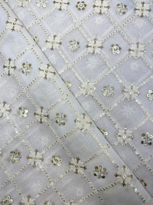 Beautiful Geometric Thread Embroidery With Foil And Golden Sequin Work On White Dyeable Viscose Georgette Fabric