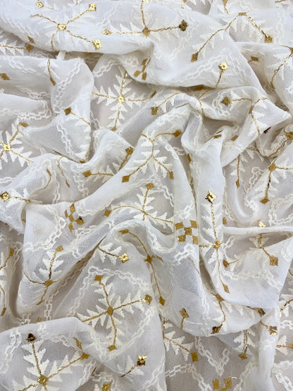 Amazing Indian Thread Embroidery With Exclusive Premium Foil Work On White Dyeable Viscose Georgette Fabric