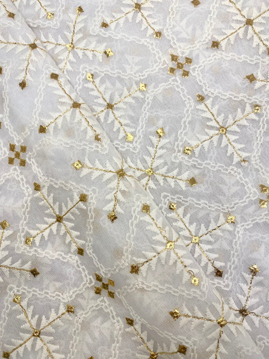 Amazing Indian Thread Embroidery With Exclusive Premium Foil Work On White Dyeable Viscose Georgette Fabric