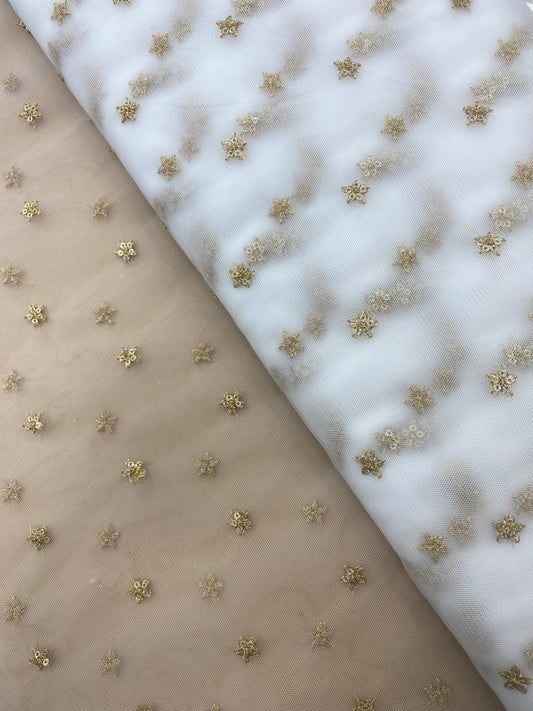 Adorable Floral Butti Embroidery With Golden Zari And Knitted Sequin Work On White Dyeable Net Fabric