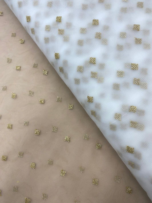 Geometric Diamond Butti Embroidery With Golden Zari And Knitted Sequin Work On White Dyeable Net Fabric