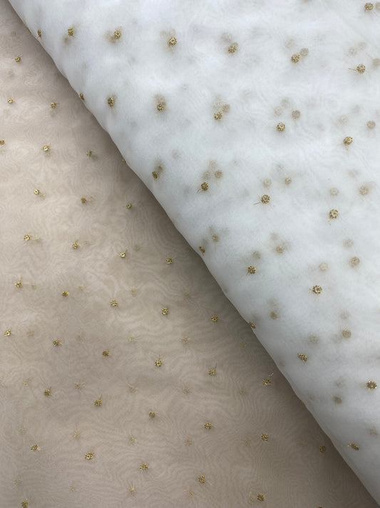 Delicate Premium Sequin Butti With Golden Zari Embroidery Work On White Dyeable Viscose Organza Fabric