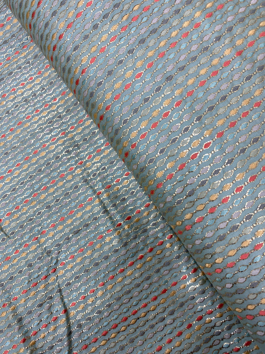 Elegant Multi Thread Stripes Work With Premium Golden Zari Embroidery On Blue cotton satan Fabric