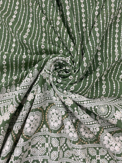 Beautiful Lucknowi White Self Thread Work With Royal Golden Zari And Sequin Embroidery On Green Viscose Georgette Fabric