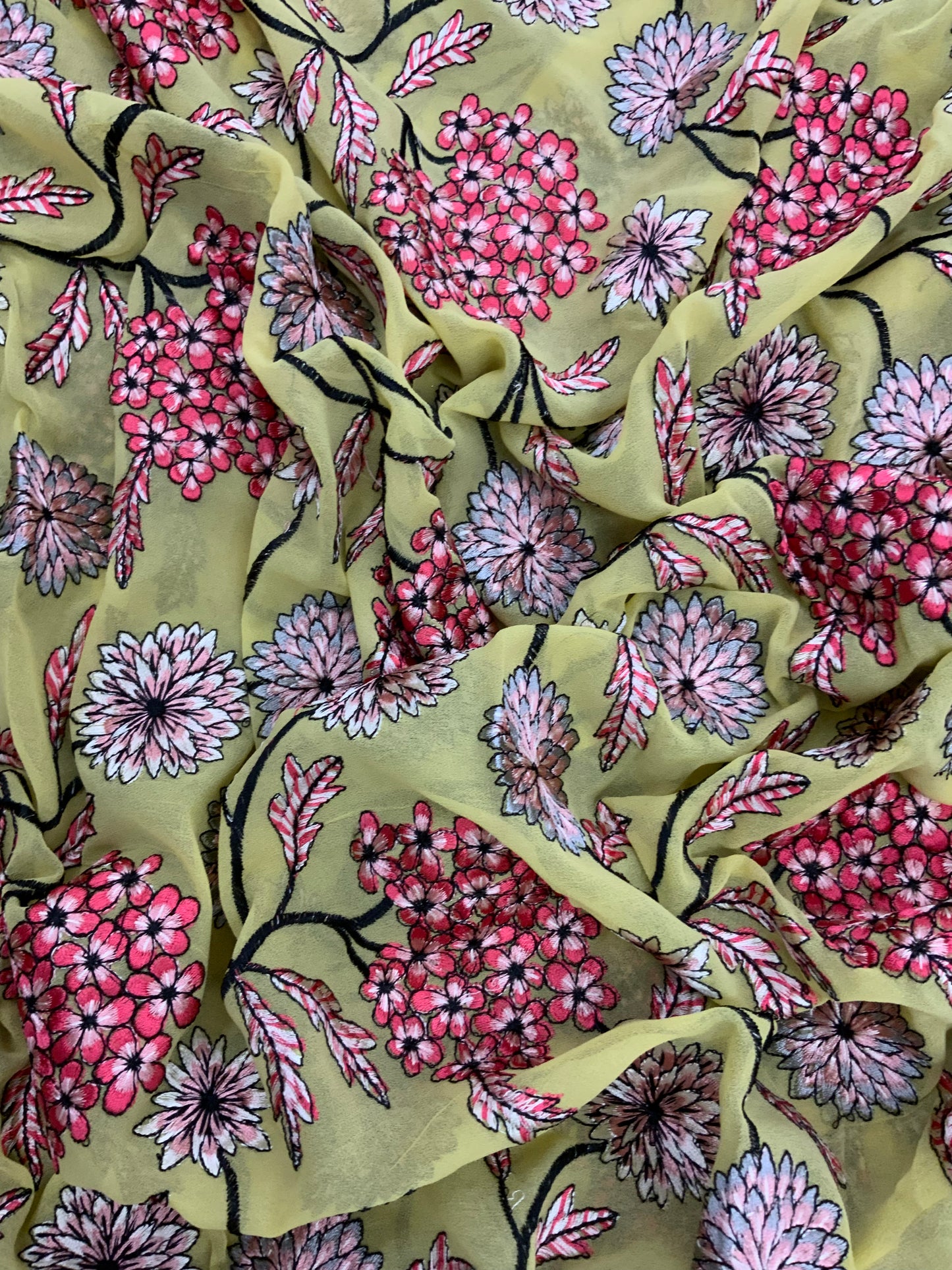 Emerald Yellow Floral Thread Embroidery On Viscose Georgette Fabric