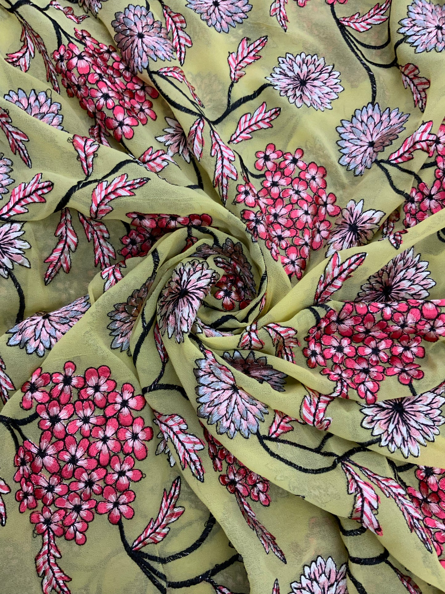 Emerald Yellow Floral Thread Embroidery On Viscose Georgette Fabric