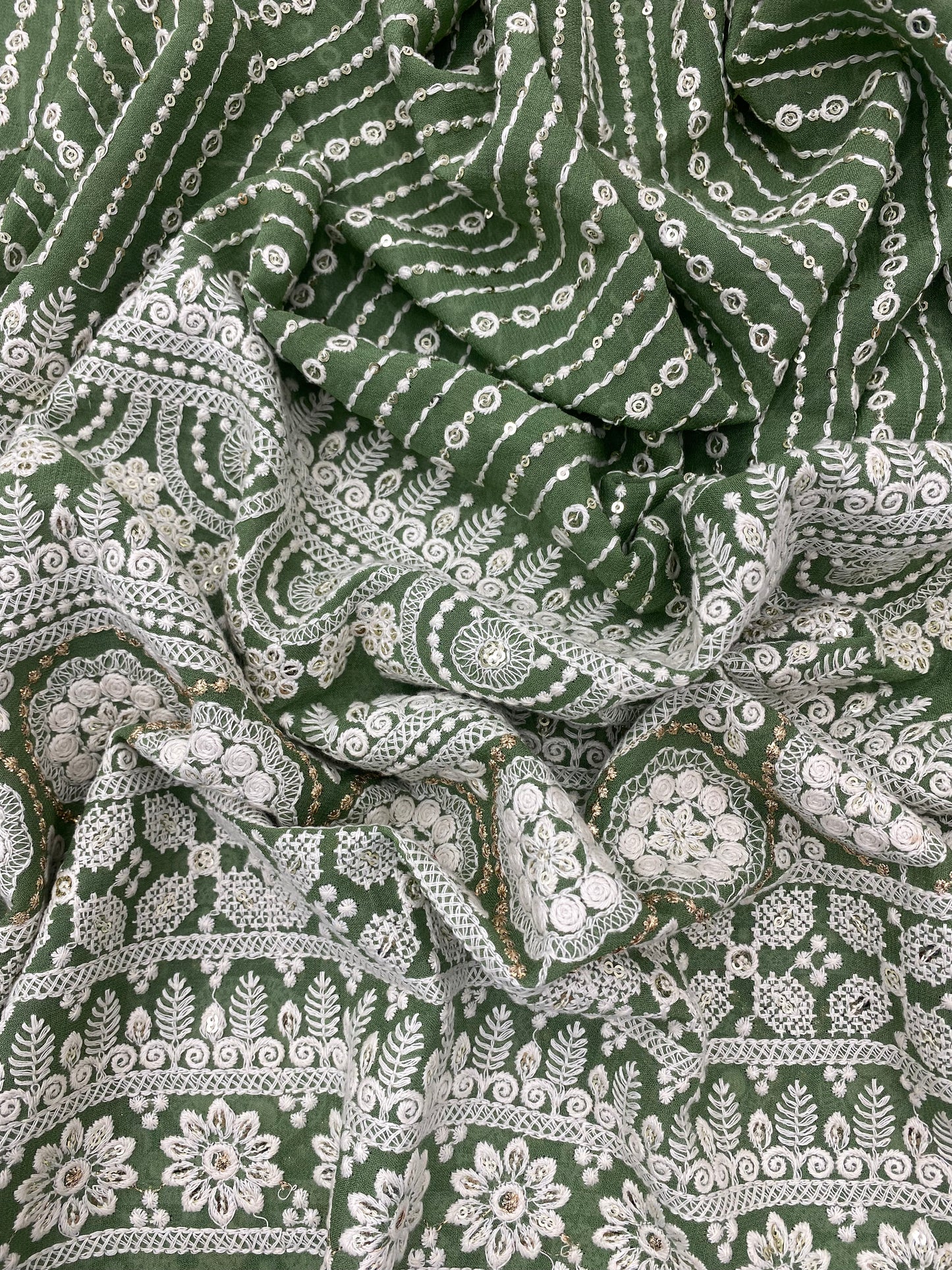 Beautiful Lucknowi White Self Thread Work With Royal Golden Zari And Sequin Embroidery On Green Viscose Georgette Fabric