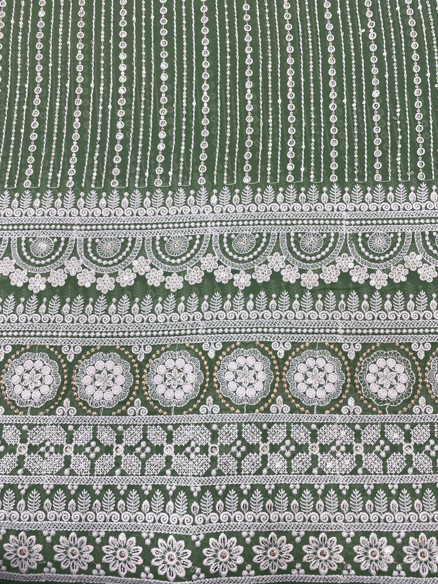 Beautiful Lucknowi White Self Thread Work With Royal Golden Zari And Sequin Embroidery On Green Viscose Georgette Fabric