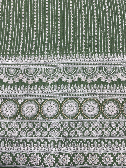 Beautiful Lucknowi White Self Thread Work With Royal Golden Zari And Sequin Embroidery On Green Viscose Georgette Fabric