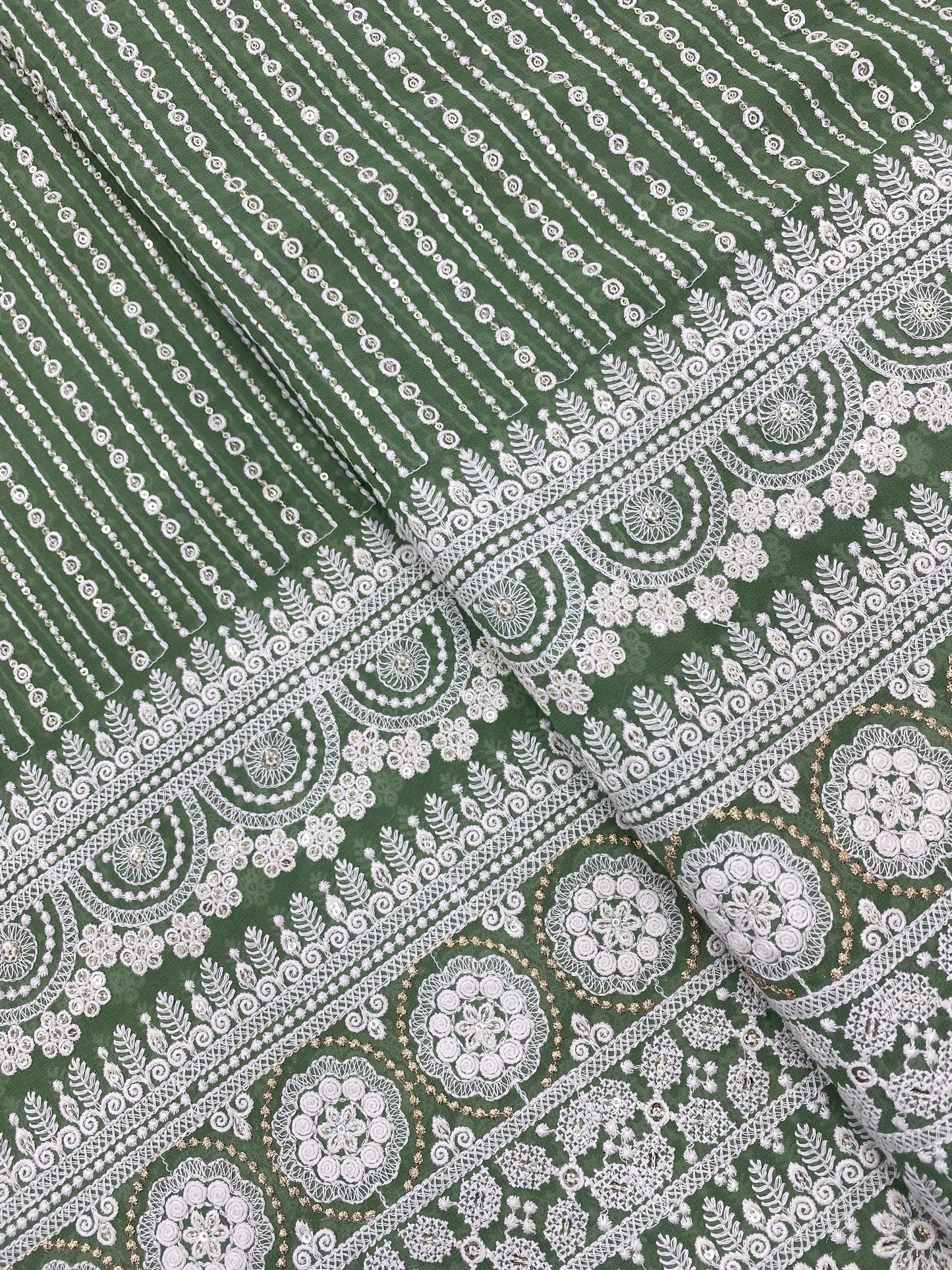 Beautiful Lucknowi White Self Thread Work With Royal Golden Zari And Sequin Embroidery On Green Viscose Georgette Fabric