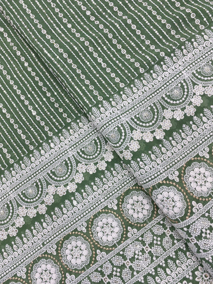 Beautiful Lucknowi White Self Thread Work With Royal Golden Zari And Sequin Embroidery On Green Viscose Georgette Fabric