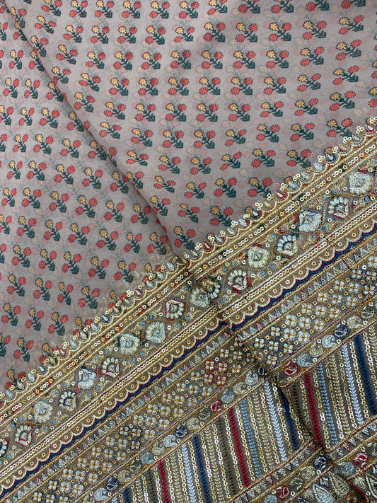 Delicate Print With Heavy Traditional Golden Sequin Zari Embroidery And Thread Work On Brown Viscose Georgette Fabric