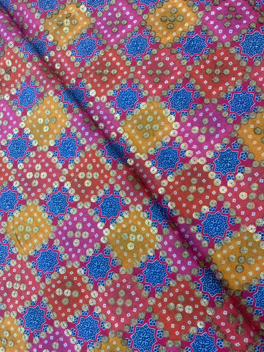 Appealing Yellow And Pink Geometric Bandhani Patches Print With Sparkling Golden Sequins On Chinon Fabric