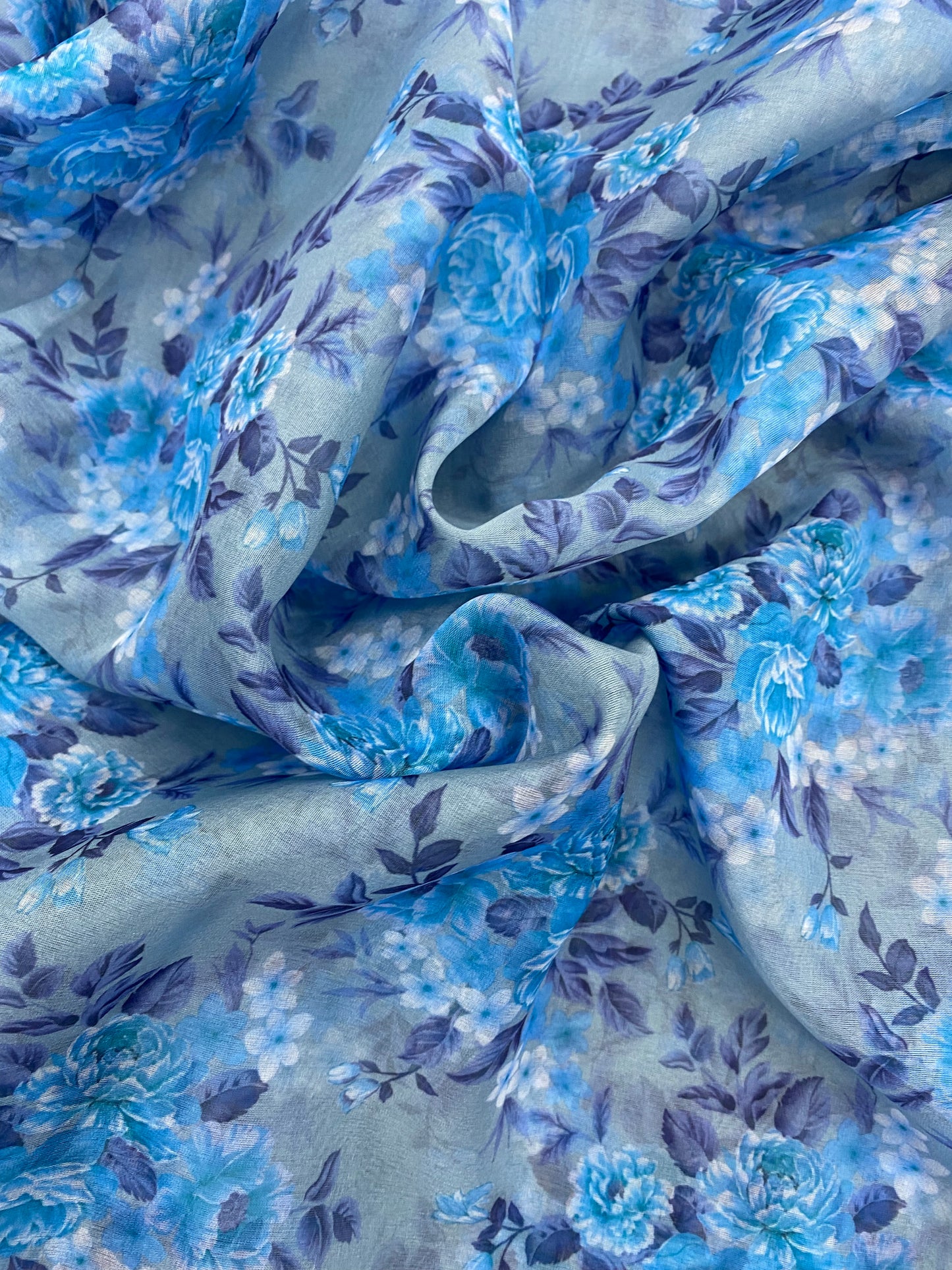 Blue Floral Digital Print Pattern On Organza Fabric (Colours Available)