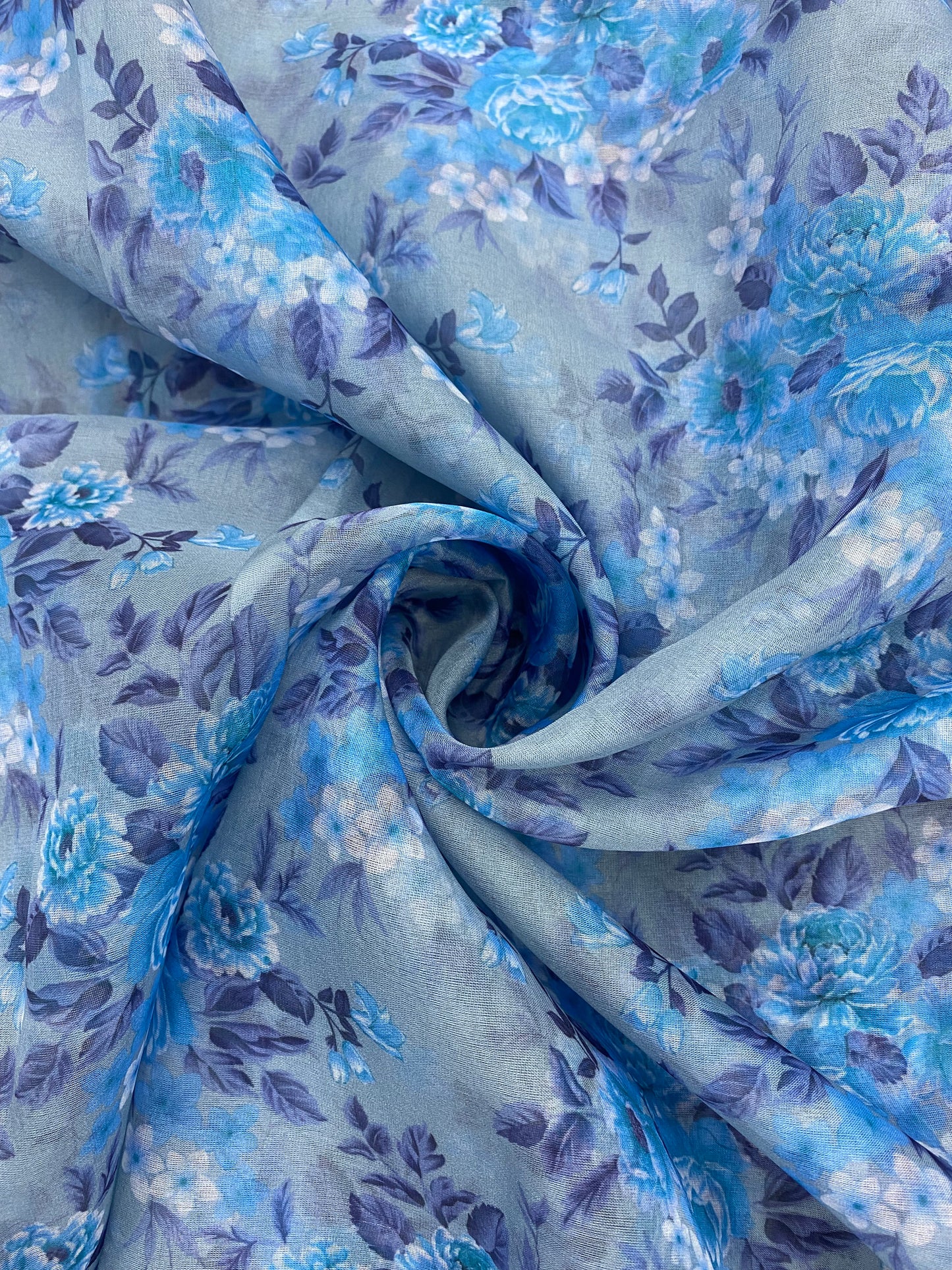 Blue Floral Digital Print Pattern On Organza Fabric (Colours Available)