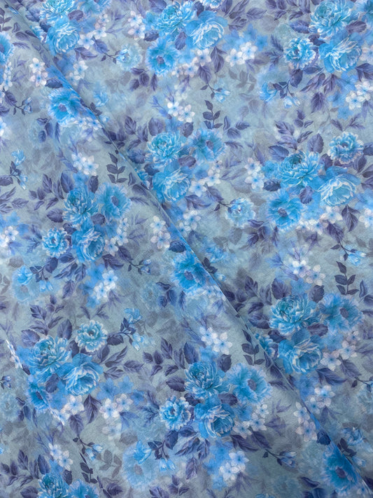 Blue Floral Digital Print Pattern On Organza Fabric (Colours Available)