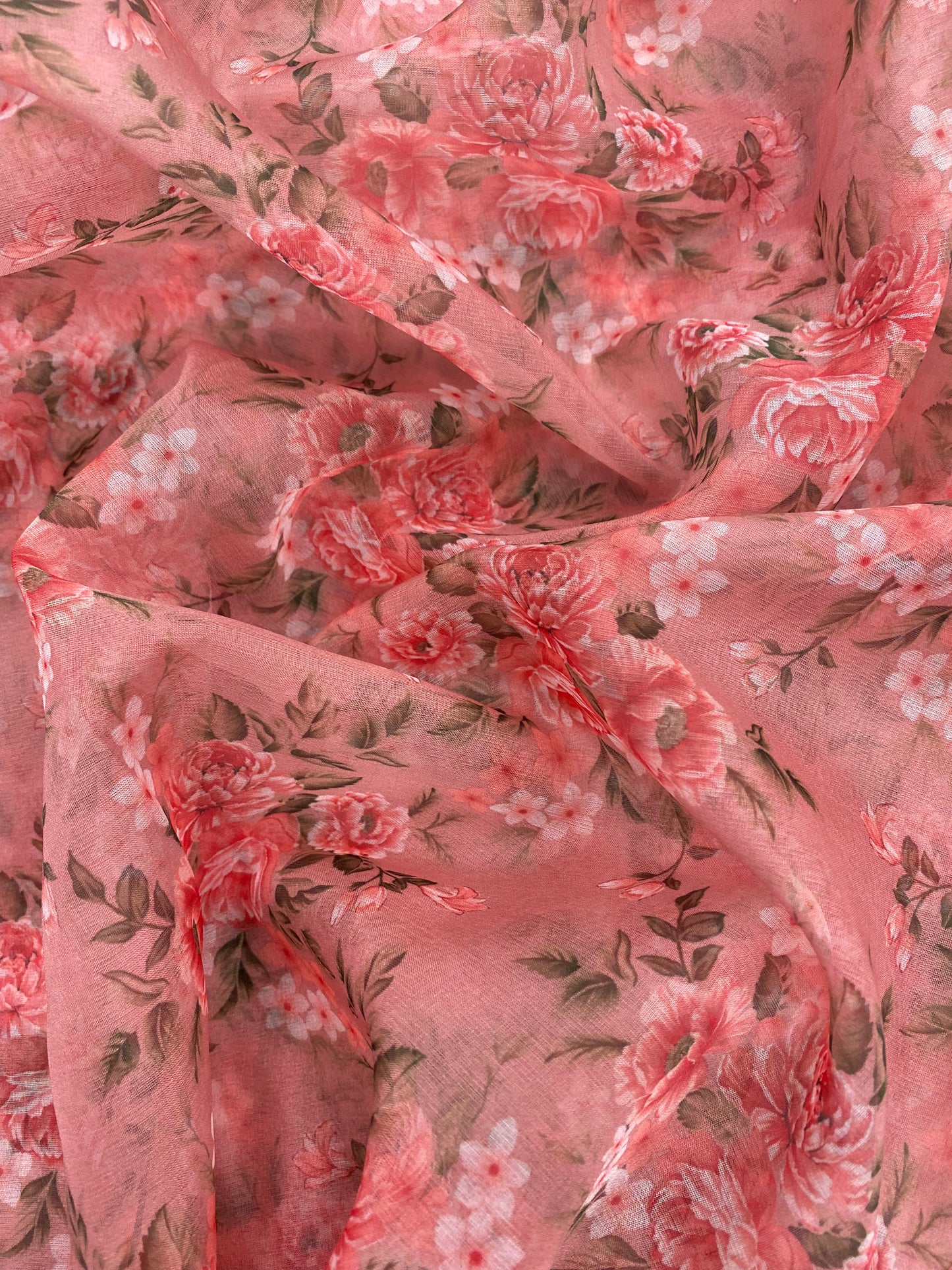 Red Floral Digital Print Pattern On Organza Fabric (Colours Available)