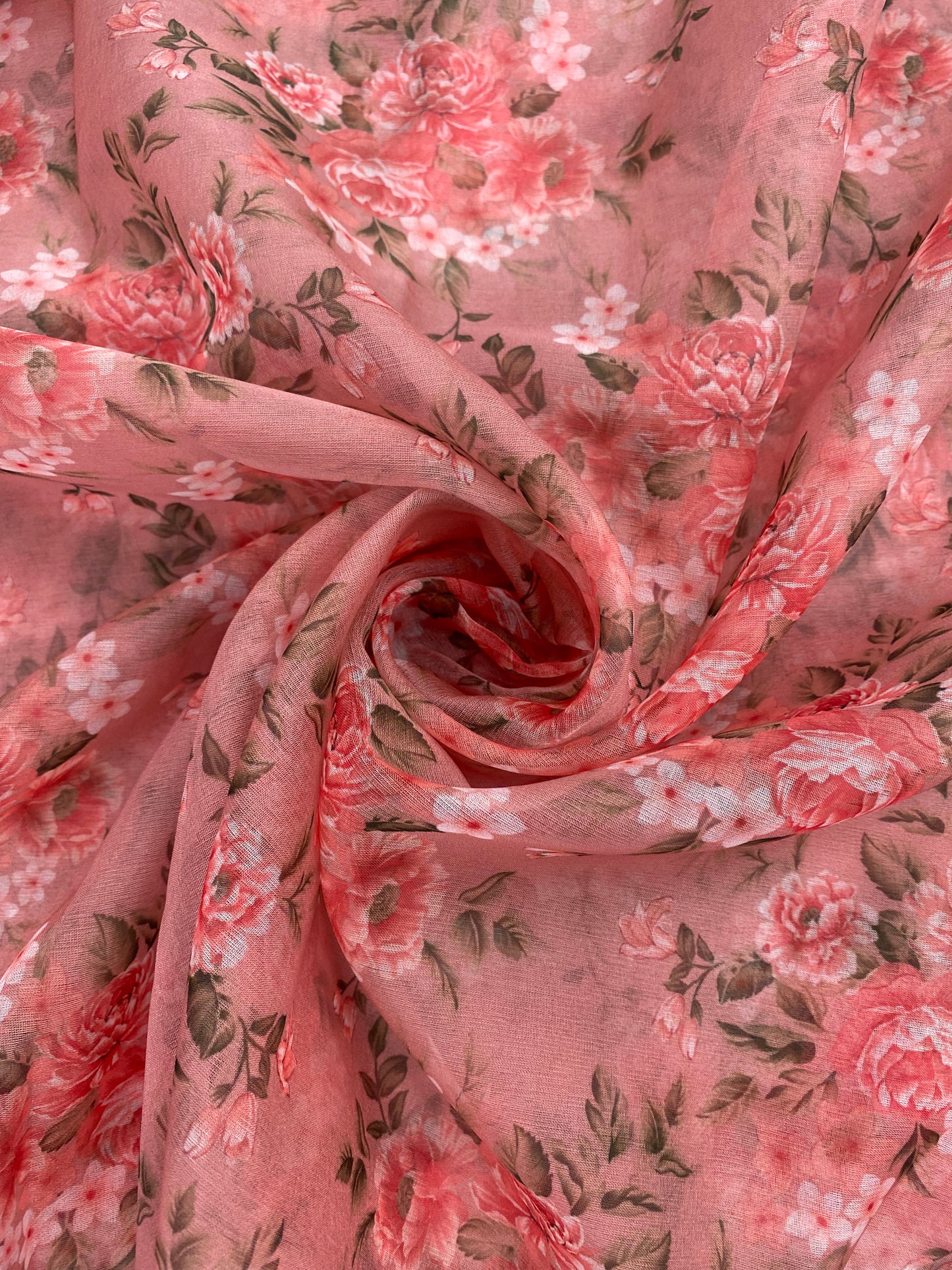 Red Floral Digital Print Pattern On Organza Fabric (Colours Available)