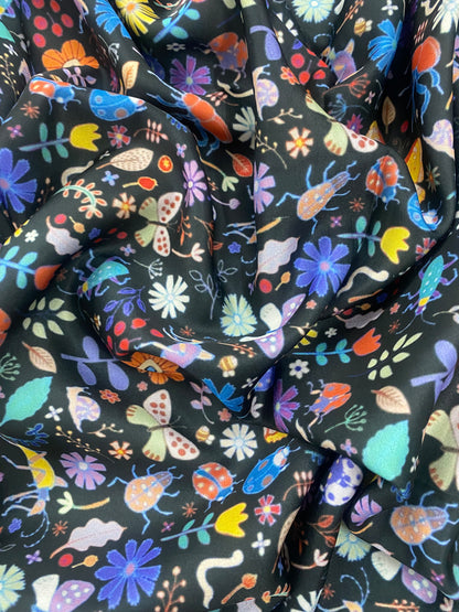 Black And Multi Colour Wild Nature Pattern Print On Poly Satin Fabric