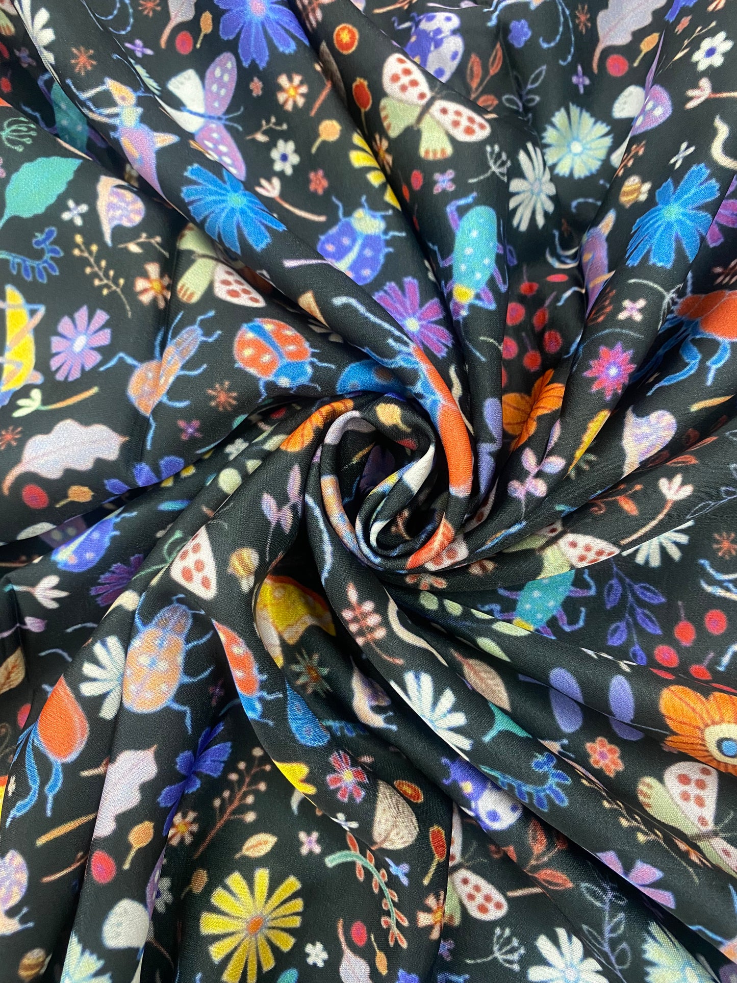 Black And Multi Colour Wild Nature Pattern Print On Poly Satin Fabric