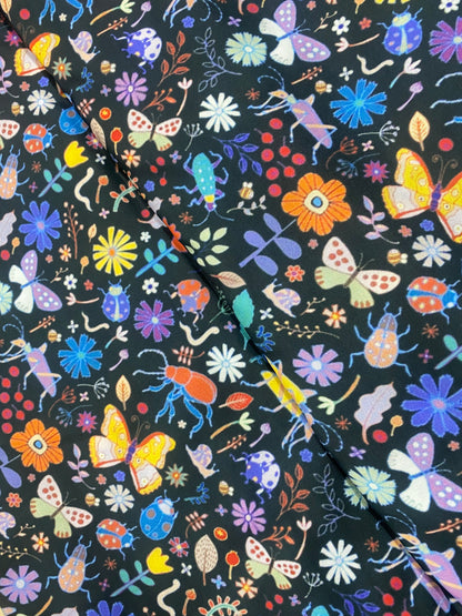 Black And Multi Colour Wild Nature Pattern Print On Poly Satin Fabric